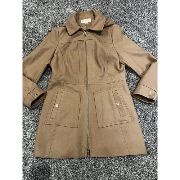 Michael Kors Beige Camel Tan Wool Blend Trench Overcoat Detachable Hood Womens L - Picture 14 of 15
